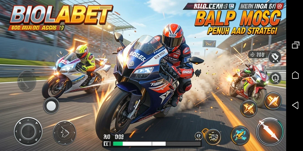 Tampilan gameplay seru BIOLABET dengan aksi balap motor yang mendebarkan.