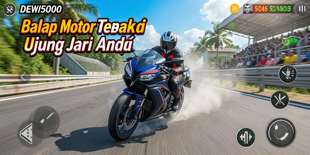 Screenshot gameplay DEWI5000 menampilkan aksi balap motor yang mendebarkan.