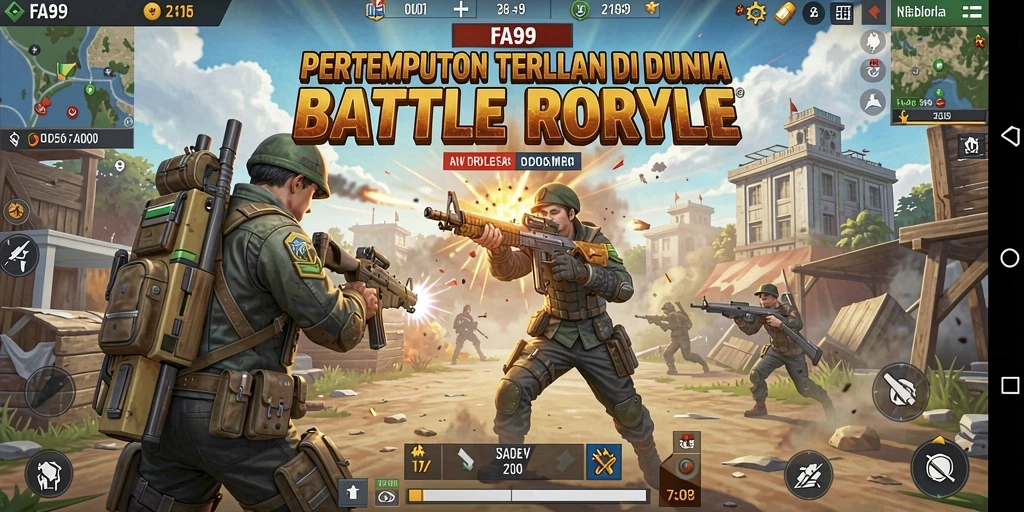 Screenshot gameplay FA99 menampilkan aksi mendebarkan di medan perang Battle Royale.
