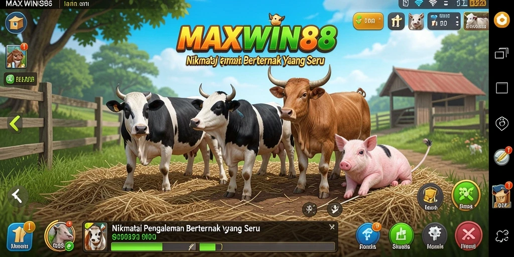 Screenshot MAXWIN88 menunjukkan aktivitas bertani yang menyenangkan di ladang.