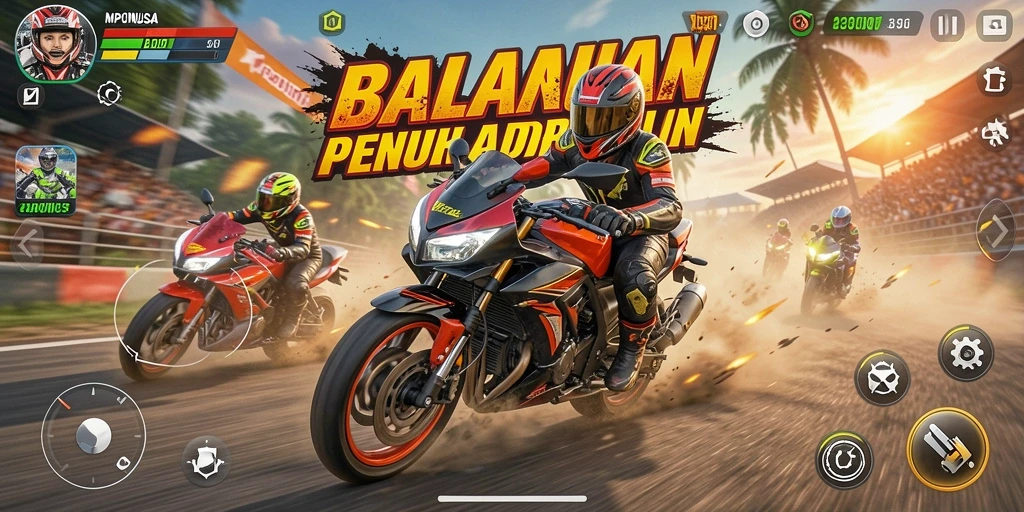 Screenshot gameplay MPONUSA menampilkan balapan motor yang mendebarkan.