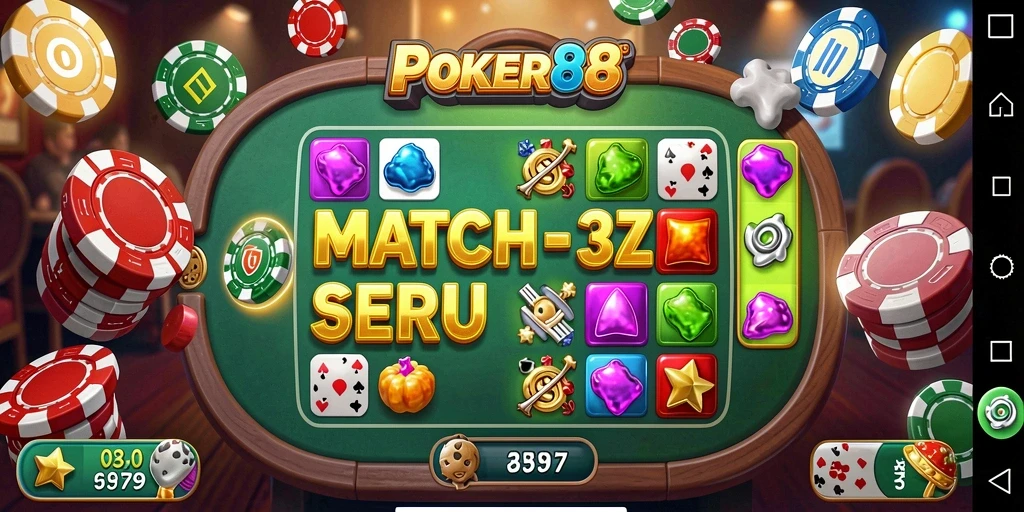 Screenshot menunjukkan gameplay seru POKER88 Match-3.
