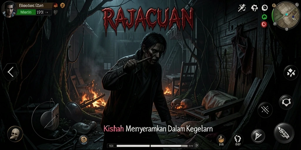 Tampilan gameplay <strong>RAJACUAN</strong> menunjukkan suasana horror yang mencekam.